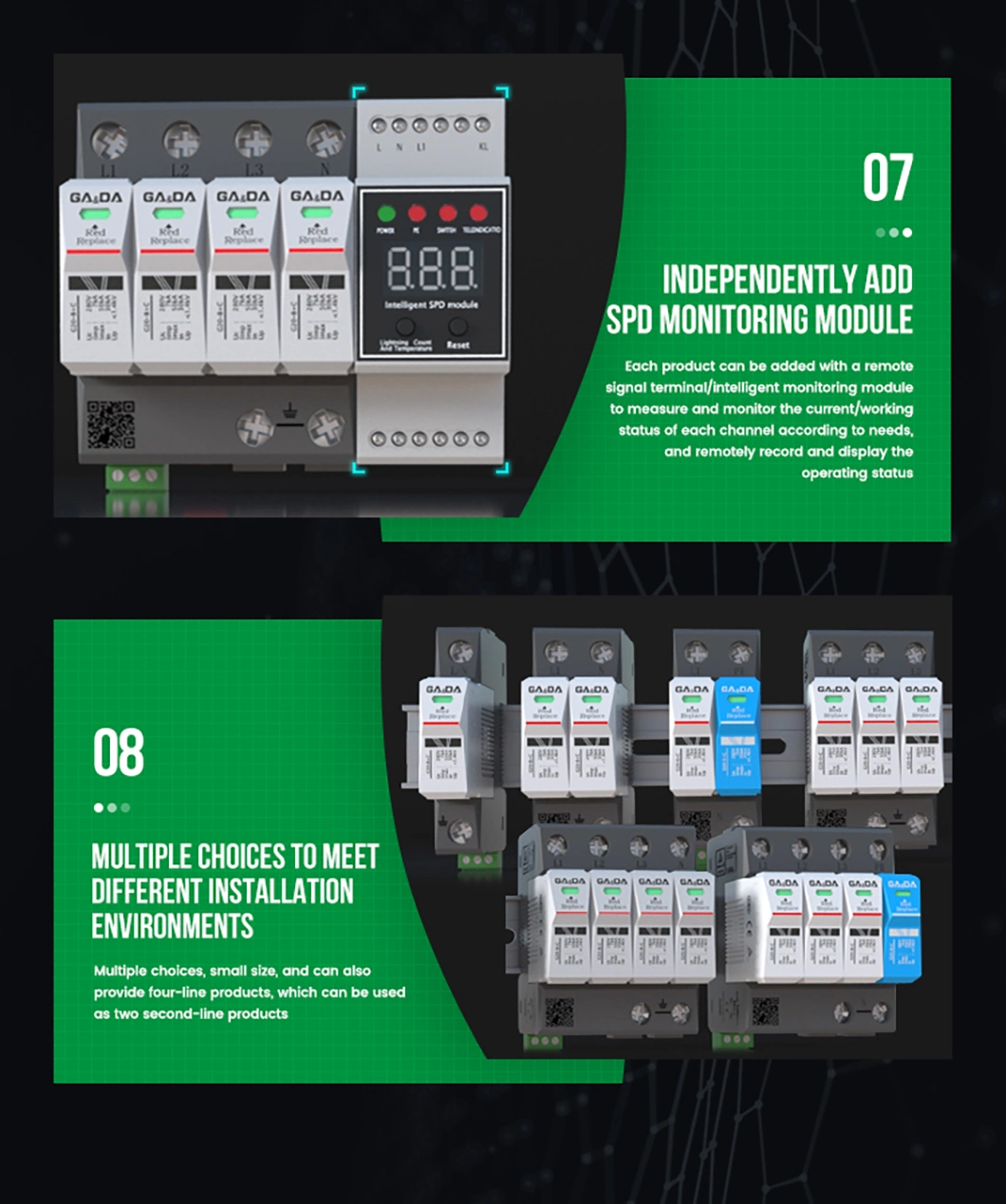 Gada G2010dz-255-2p 2 Pole 20ka 2 Phase Surge Protection AC SPD 255V Voltage SPD Surge Power Protector SPD