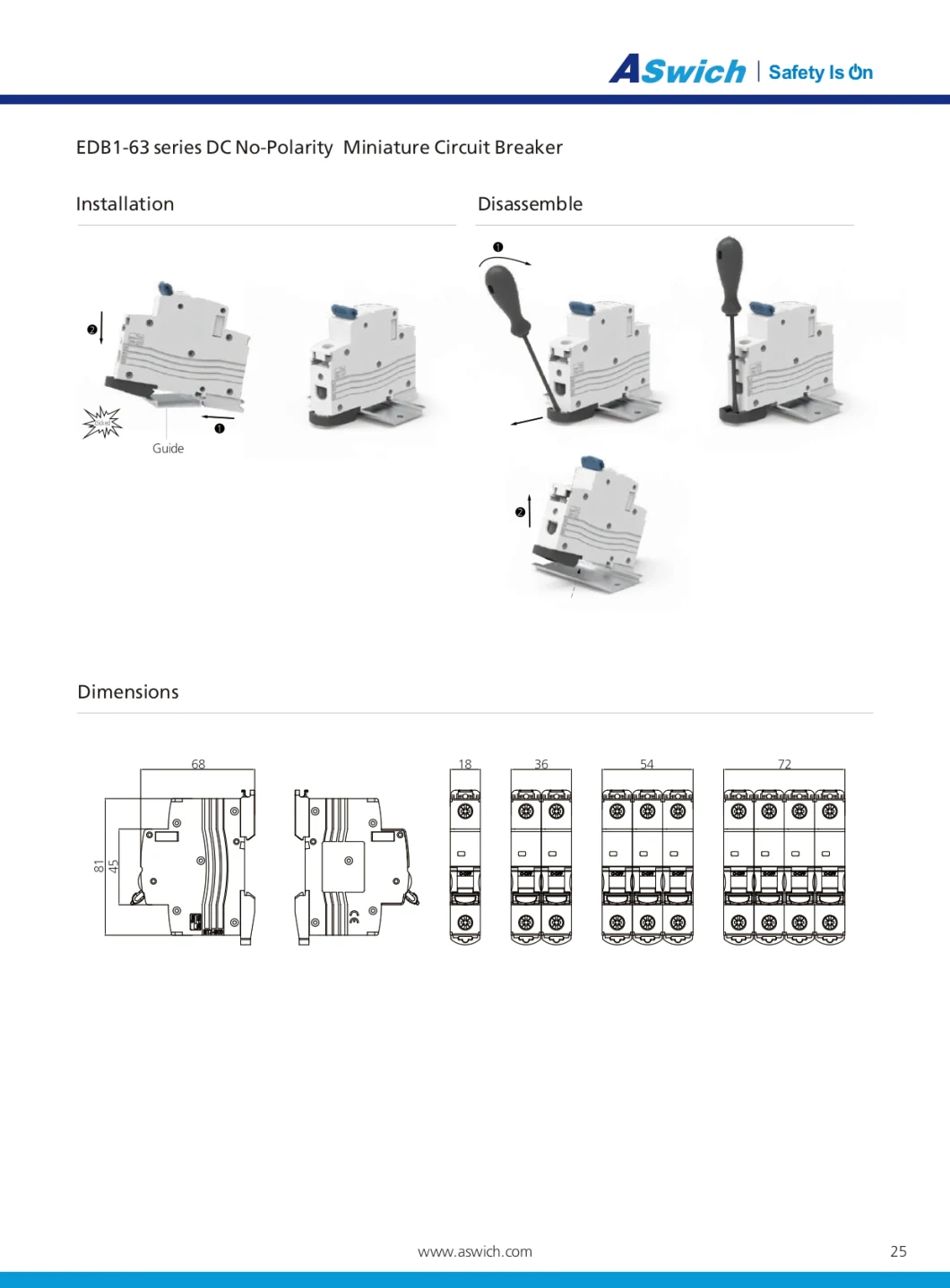 Aswich 1-4p CE CB TUV Certificated 63A 6ka/10ka DC MCB Miniature Circuit Breaker