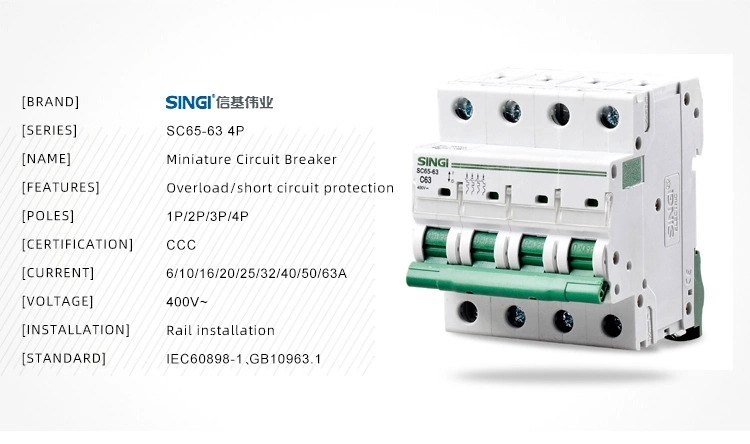 Factory Price 1-4p 6-63A Singi Air Circuit Electronic DC Breaker MCB Sc65-63