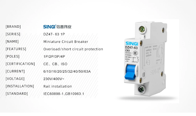 6ka CE Certified C Type 50/60Hz AC DIN Rail Stalled Mini Miniature Circuit Breaker MCB