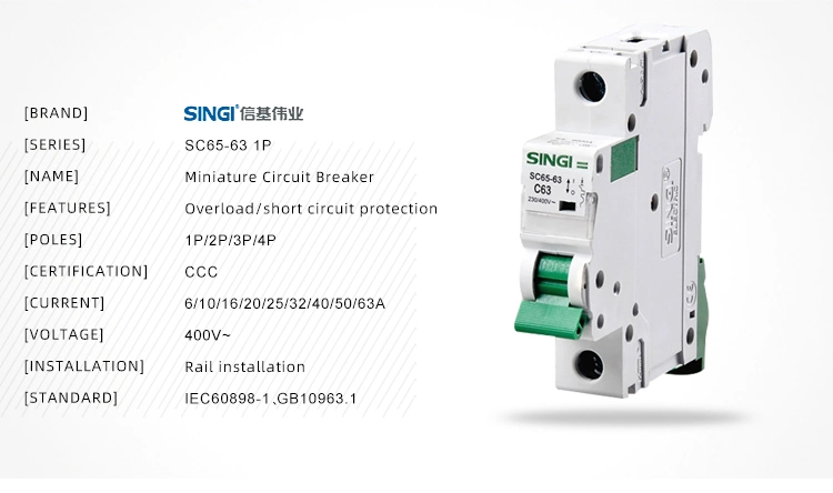 Singi DC Sc65-63 10ka 2p 32A Electrical Air Miniature Circuit Breaker MCB